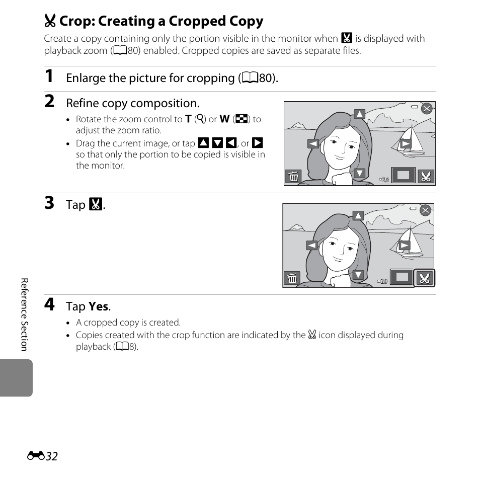 Crop: creating a cropped copy, O crop: creating a cropped copy, E32) | Nikon S6400 User Manual | Page 156 / 280