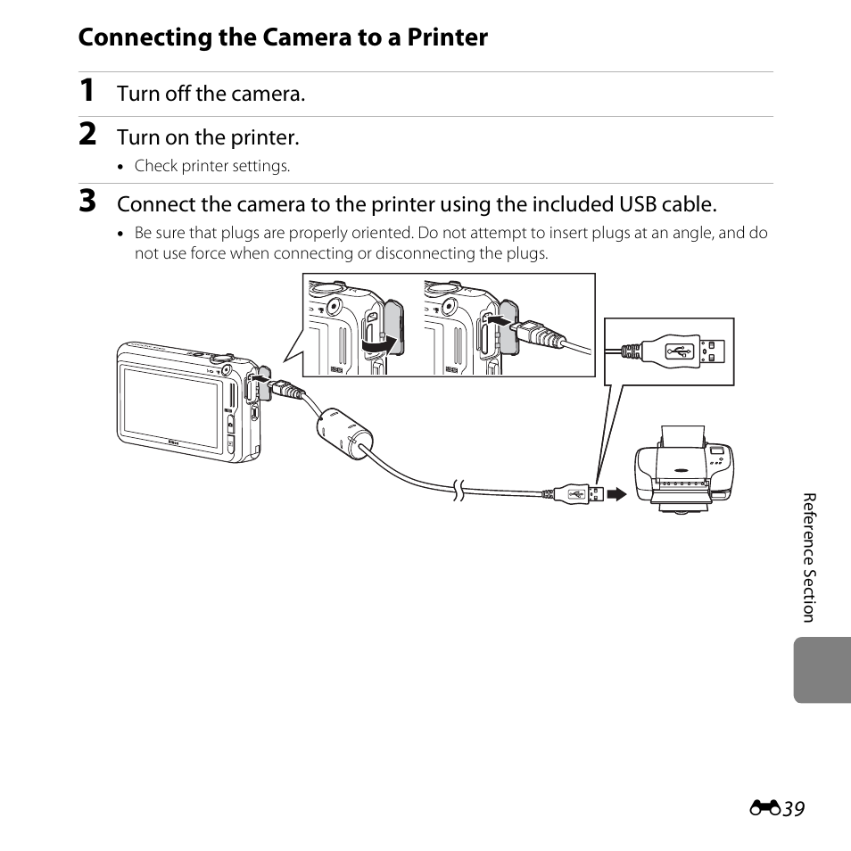 Connecting the camera to a printer, E39) | Nikon S6400 User Manual | Page 163 / 280