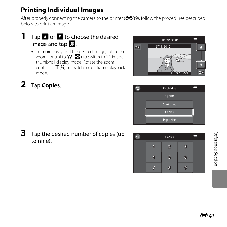 Printing individual images, E41), Tap b or c to choose the desired image and tap i | Tap copies, Tap the desired number of copies (up to nine) | Nikon S6400 User Manual | Page 165 / 280