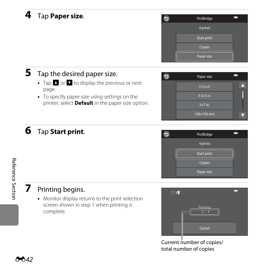 Tap paper size, Tap the desired paper size, Tap start print | Printing begins | Nikon S6400 User Manual | Page 166 / 280