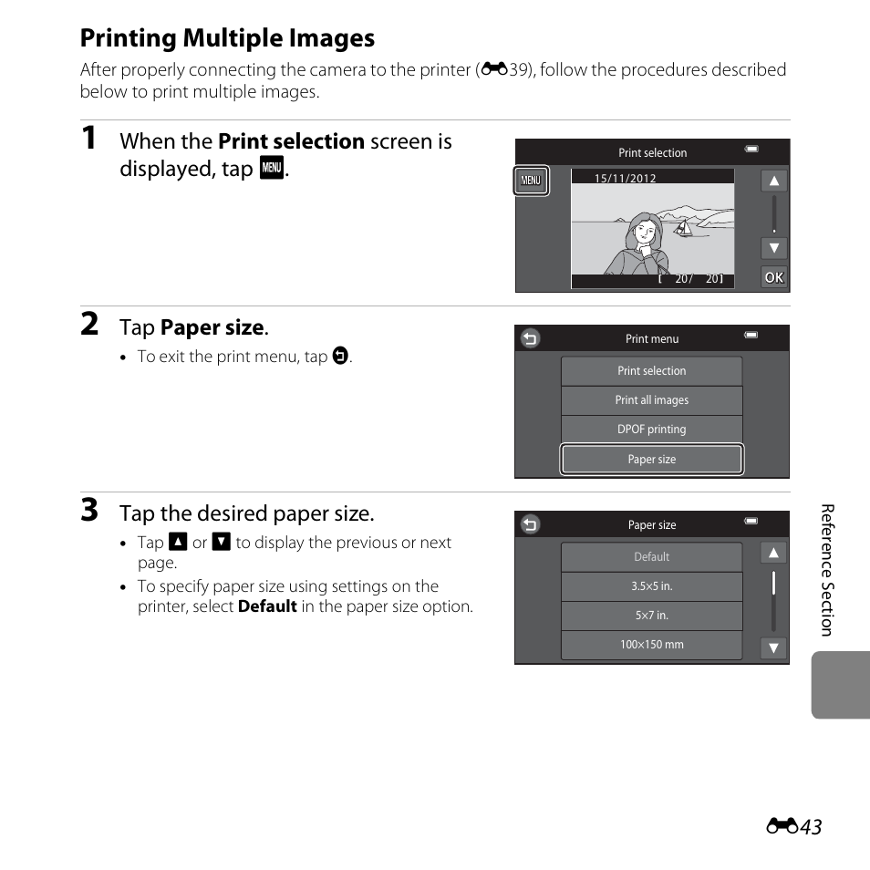 Printing multiple images, E43), Tap paper size | Tap the desired paper size | Nikon S6400 User Manual | Page 167 / 280