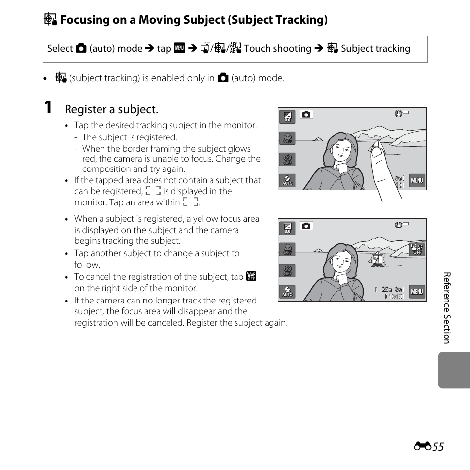 S focusing on a moving subject (subject tracking), Register a subject | Nikon S6400 User Manual | Page 179 / 280