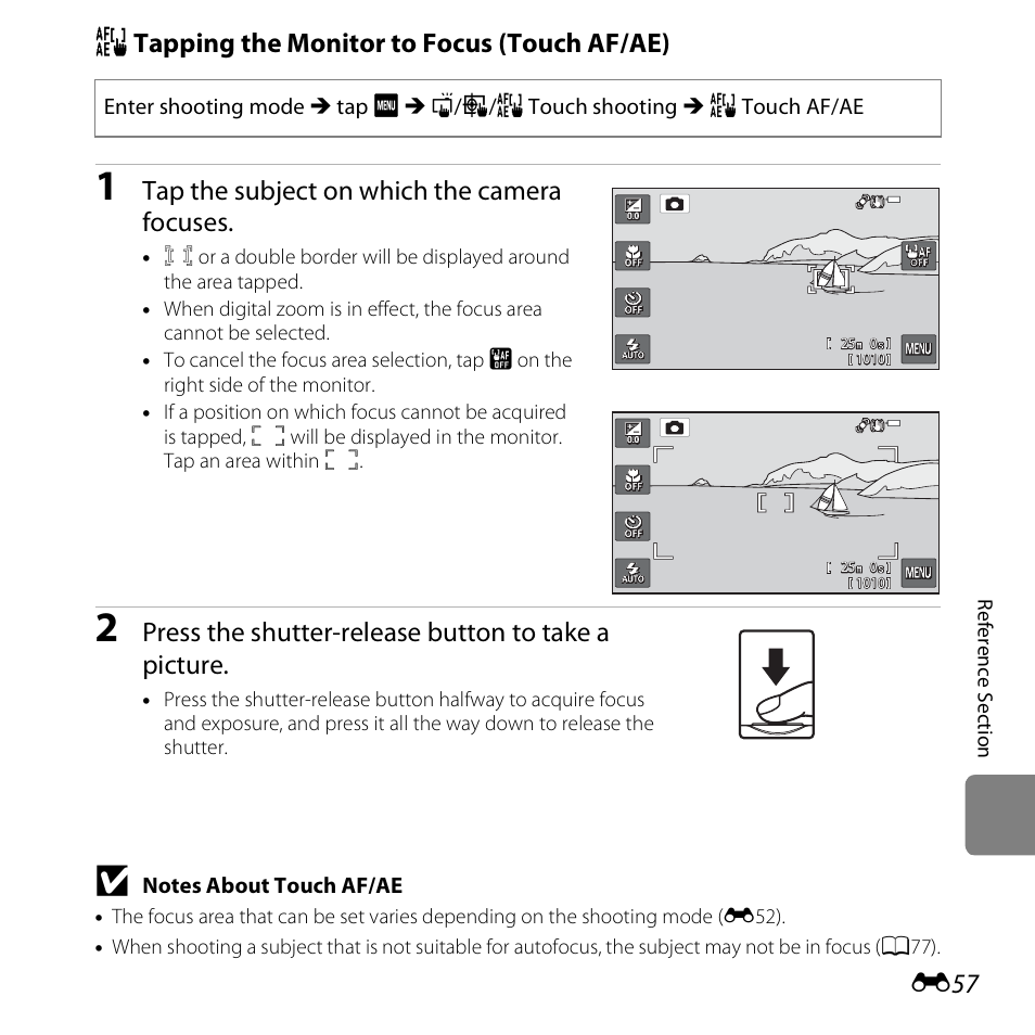 R tapping the monitor to focus (touch af/ae), Tap the subject on which the camera focuses, Press the shutter-release button to take a picture | Nikon S6400 User Manual | Page 181 / 280