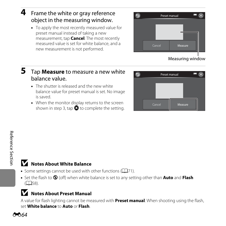 Tap measure to measure a new white balance value | Nikon S6400 User Manual | Page 188 / 280