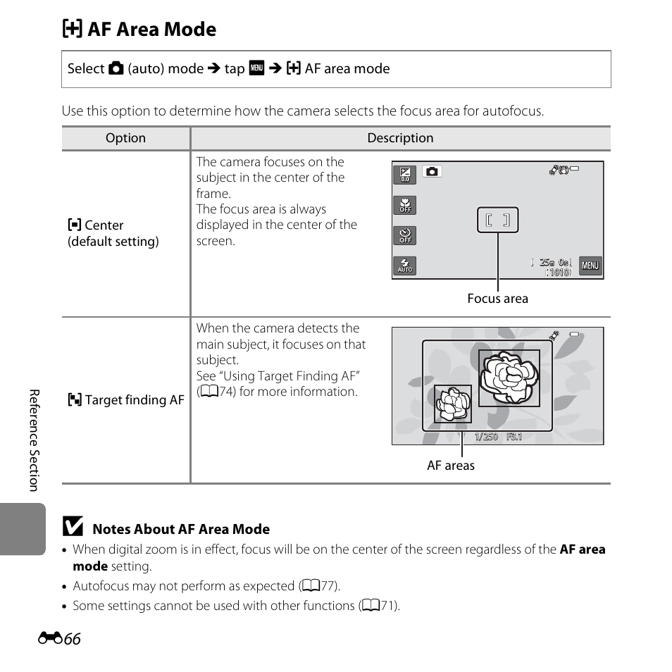 Af area mode, G af area mode | Nikon S6400 User Manual | Page 190 / 280