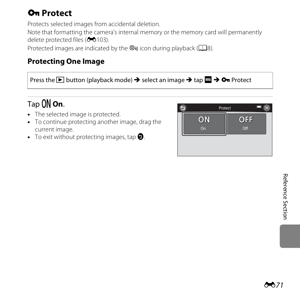 Protect, D protect, E71) | Protecting one image tap o on | Nikon S6400 User Manual | Page 195 / 280