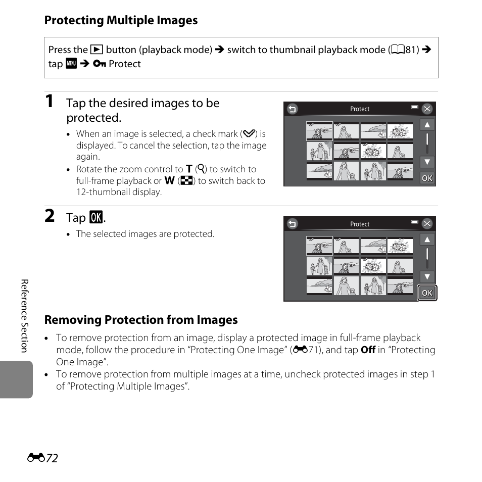 Protecting multiple images, Tap the desired images to be protected, Tap i | Removing protection from images | Nikon S6400 User Manual | Page 196 / 280