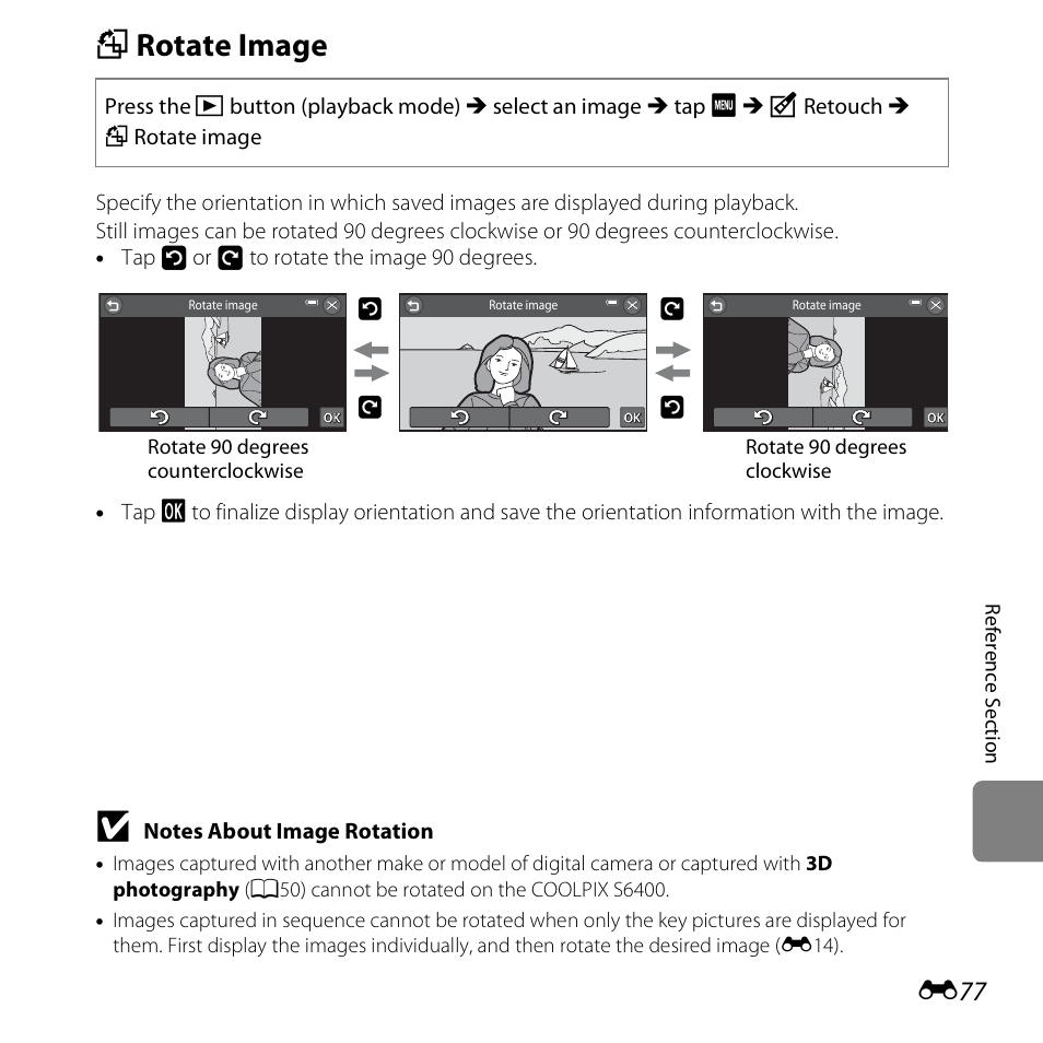 Rotate image, F rotate image, E77) | Nikon S6400 User Manual | Page 201 / 280