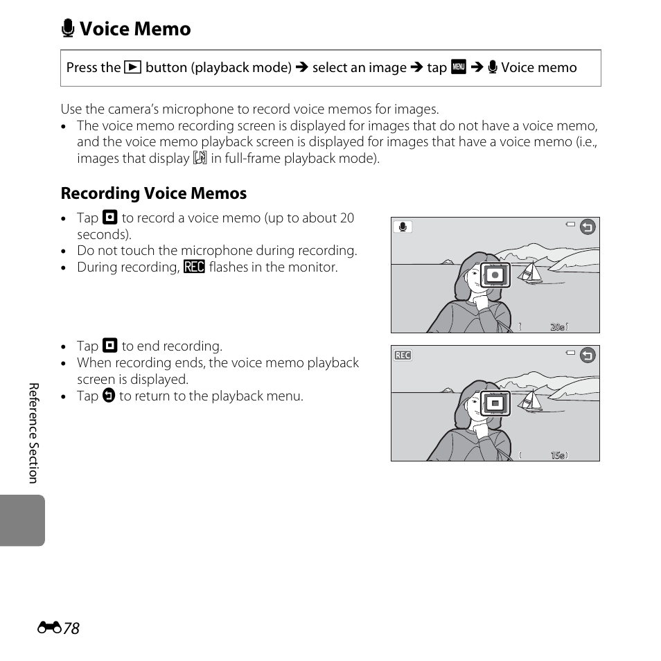 Voice memo, E78) | Nikon S6400 User Manual | Page 202 / 280