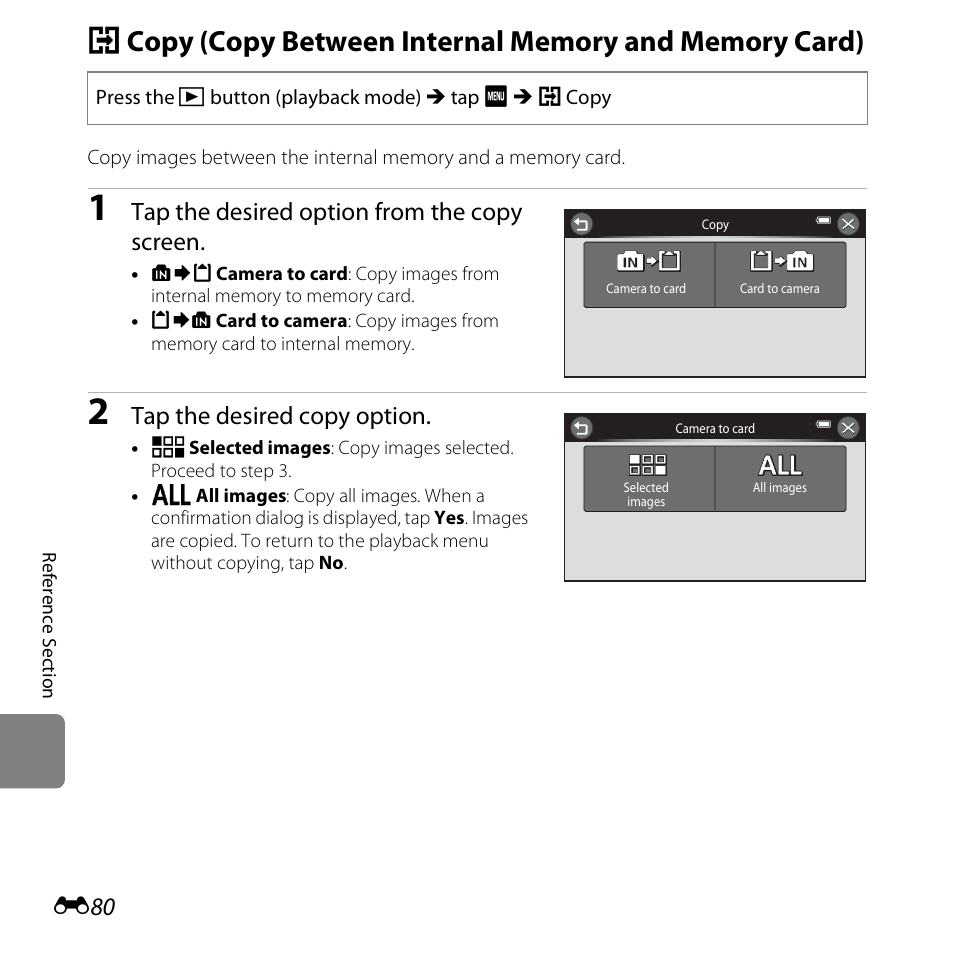 E80), Tap the desired option from the copy screen, Tap the desired copy option | Nikon S6400 User Manual | Page 204 / 280