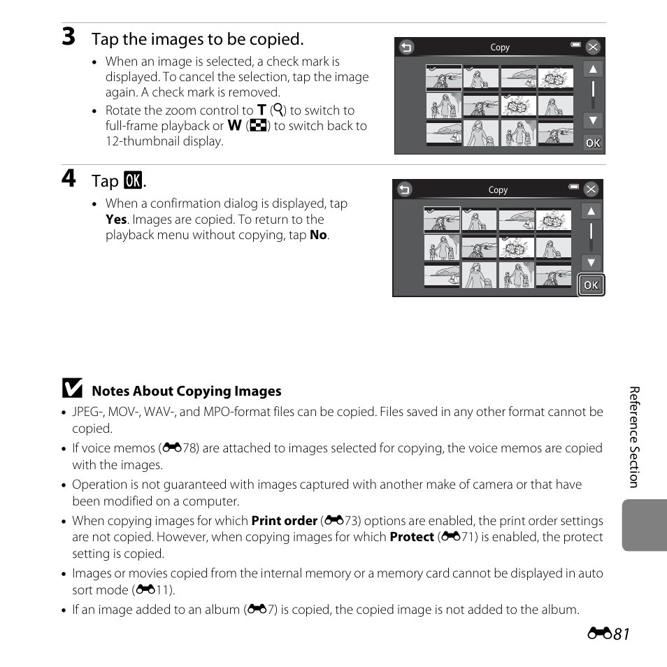 Tap the images to be copied, Tap i | Nikon S6400 User Manual | Page 205 / 280