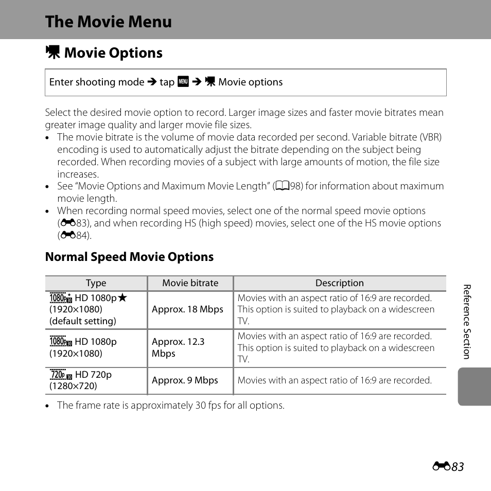 The movie menu, Movie options, D movie options | Normal speed movie options | Nikon S6400 User Manual | Page 207 / 280