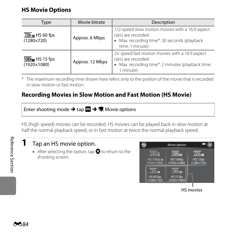 E84), Hs movie options, Tap an hs movie option | Nikon S6400 User Manual | Page 208 / 280