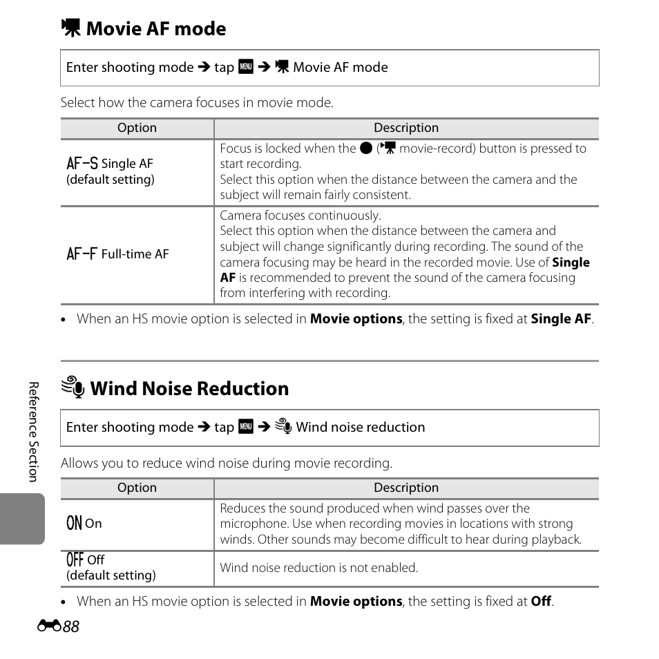Movie af mode, Wind noise reduction, D movie af mode | Y wind noise reduction | Nikon S6400 User Manual | Page 212 / 280