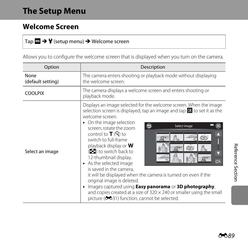 The setup menu, Welcome screen | Nikon S6400 User Manual | Page 213 / 280