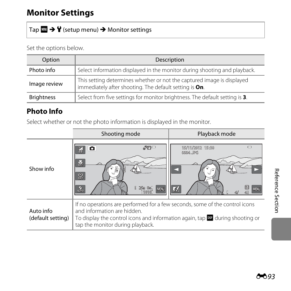 Monitor settings, Photo info | Nikon S6400 User Manual | Page 217 / 280