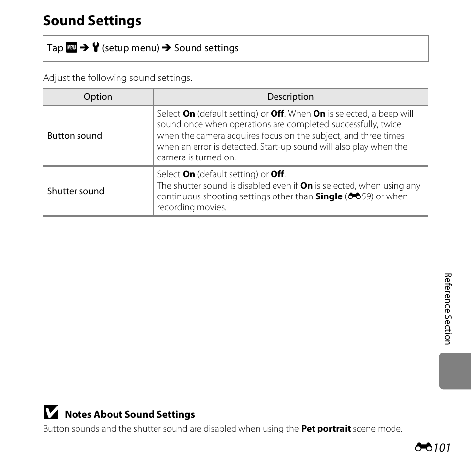 Sound settings, E101 | Nikon S6400 User Manual | Page 225 / 280