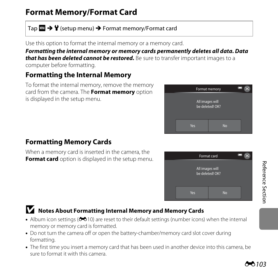 Format memory/format card, E103, E103) | Nikon S6400 User Manual | Page 227 / 280