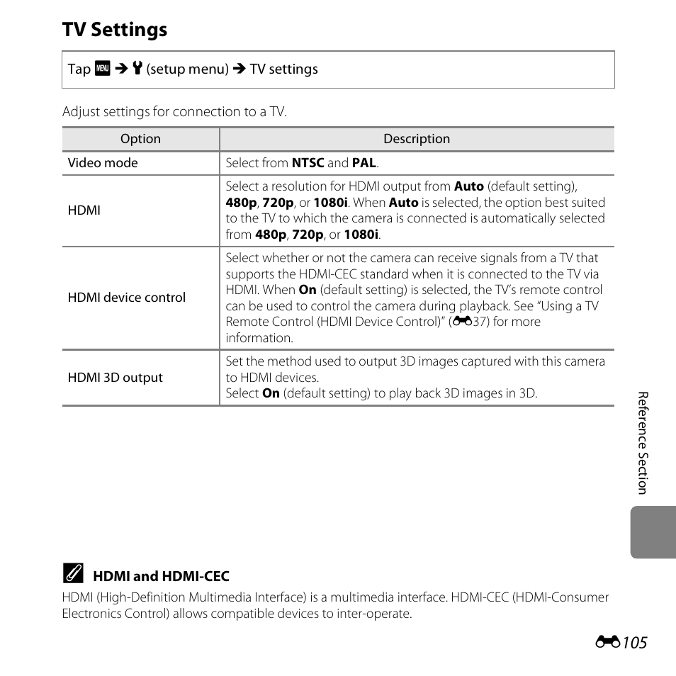 Tv settings, E105, E105) | Nikon S6400 User Manual | Page 229 / 280