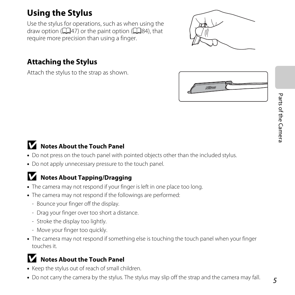 Using the stylus, Attaching the stylus | Nikon S6400 User Manual | Page 23 / 280