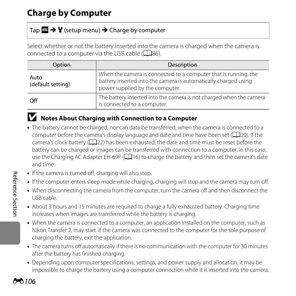 Charge by computer, E106, E106) | E106) in | Nikon S6400 User Manual | Page 230 / 280