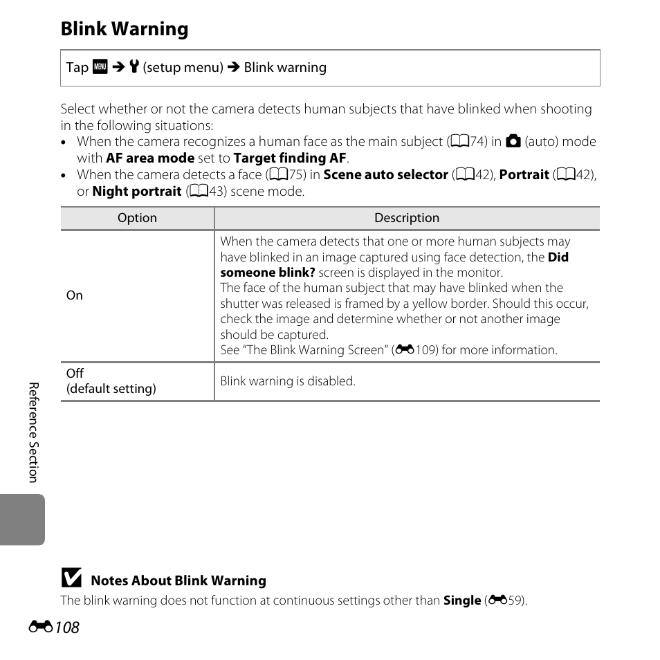 Blink warning, E108 | Nikon S6400 User Manual | Page 232 / 280