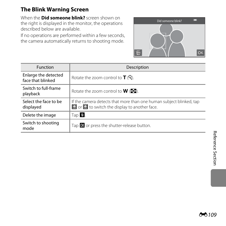 The blink warning screen, E109), E109 | Nikon S6400 User Manual | Page 233 / 280