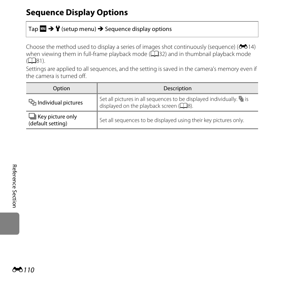 Sequence display options, E110, E110) | Nikon S6400 User Manual | Page 234 / 280