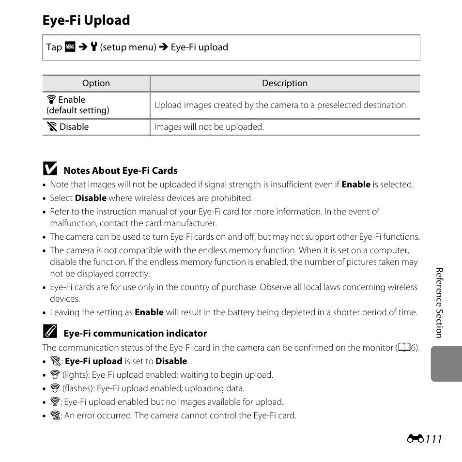 Eye-fi upload, E111 | Nikon S6400 User Manual | Page 235 / 280