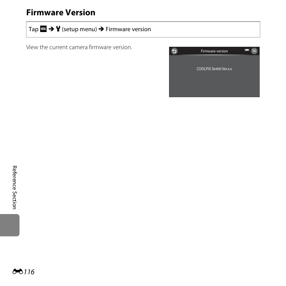 Firmware version, E116 | Nikon S6400 User Manual | Page 240 / 280