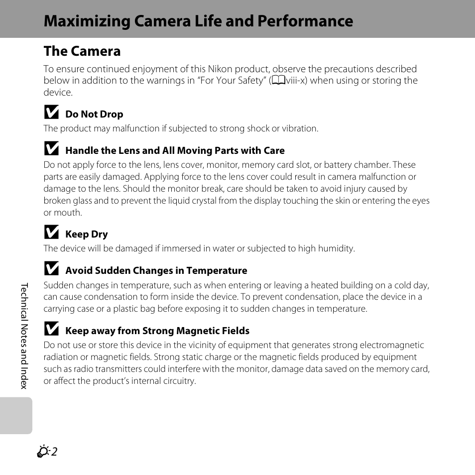 Maximizing camera life and performance, The camera | Nikon S6400 User Manual | Page 250 / 280