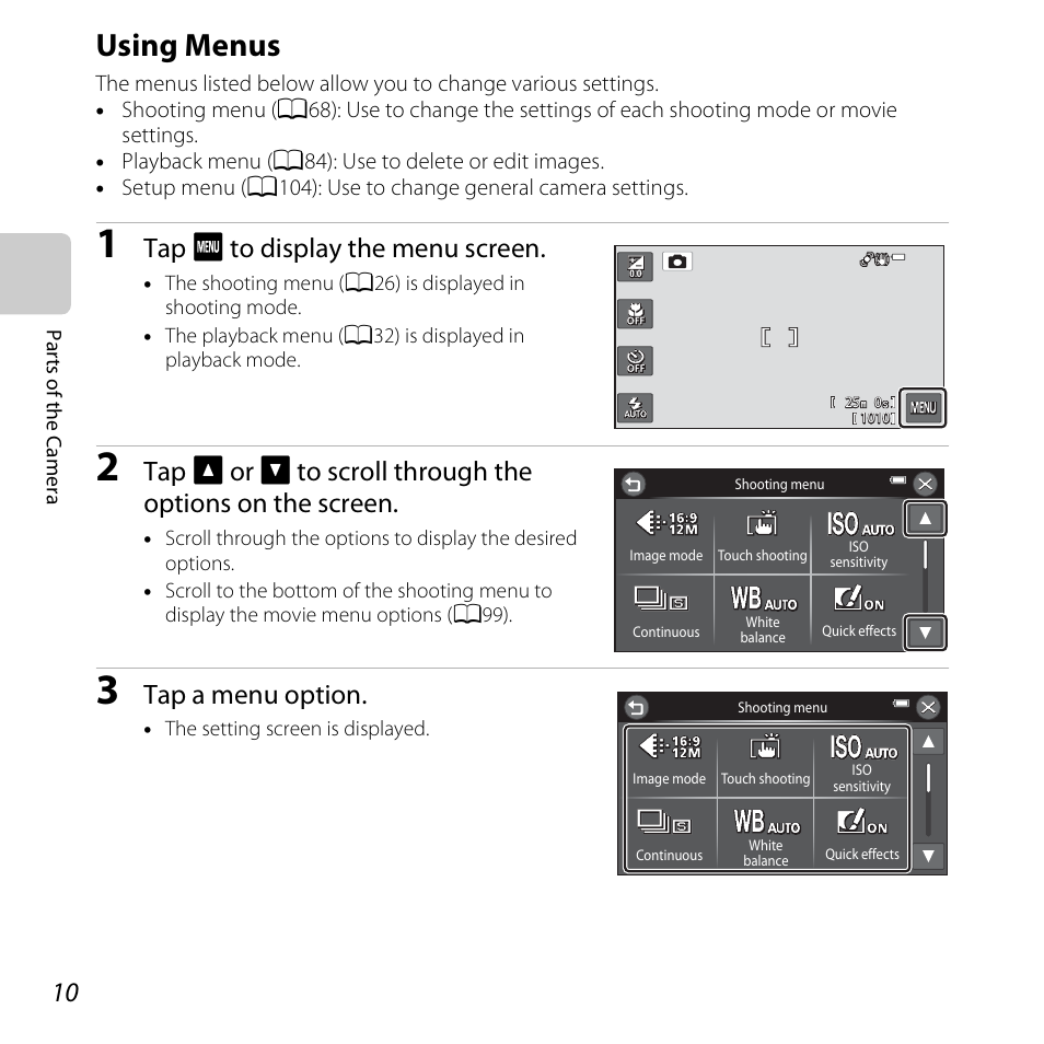 Using menus, Tap f to display the menu screen, Tap a menu option | Nikon S6400 User Manual | Page 28 / 280