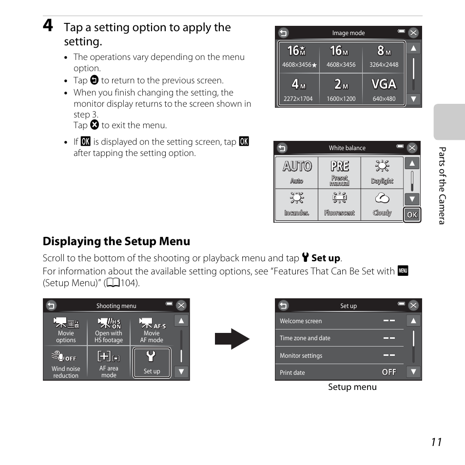 Tap a setting option to apply the setting, Displaying the setup menu | Nikon S6400 User Manual | Page 29 / 280