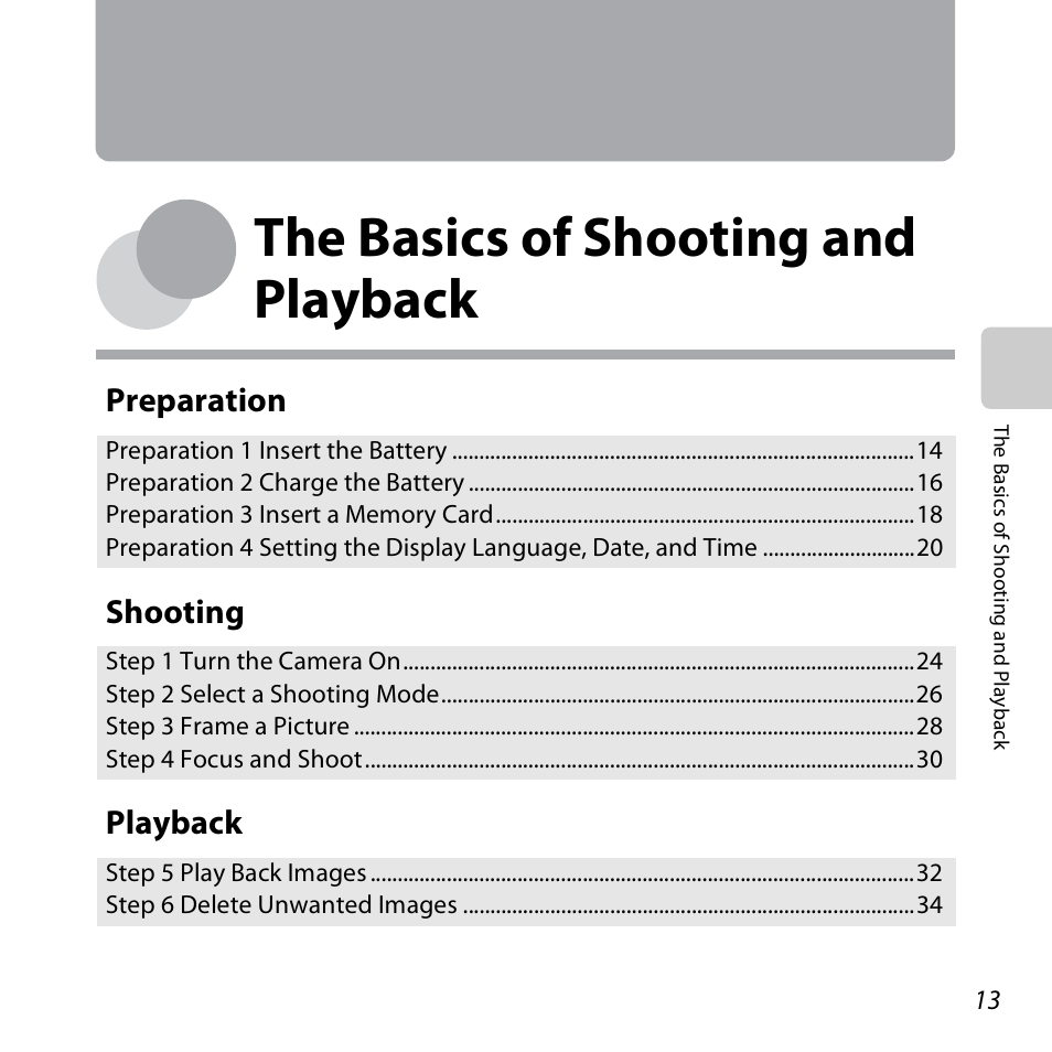 The basics of shooting and playback, A13), Ee “the basics of shooting and | Playback, Preparation, Shooting | Nikon S6400 User Manual | Page 31 / 280