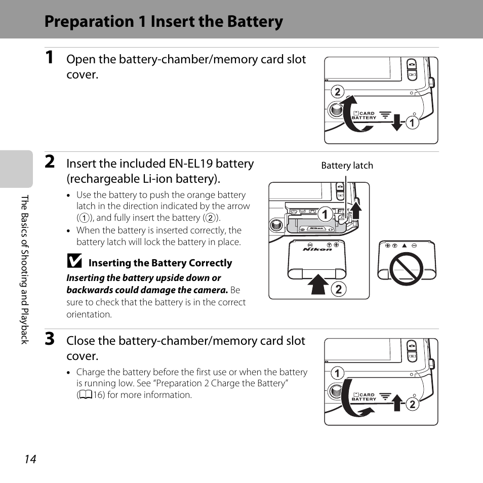 Preparation 1 insert the battery | Nikon S6400 User Manual | Page 32 / 280