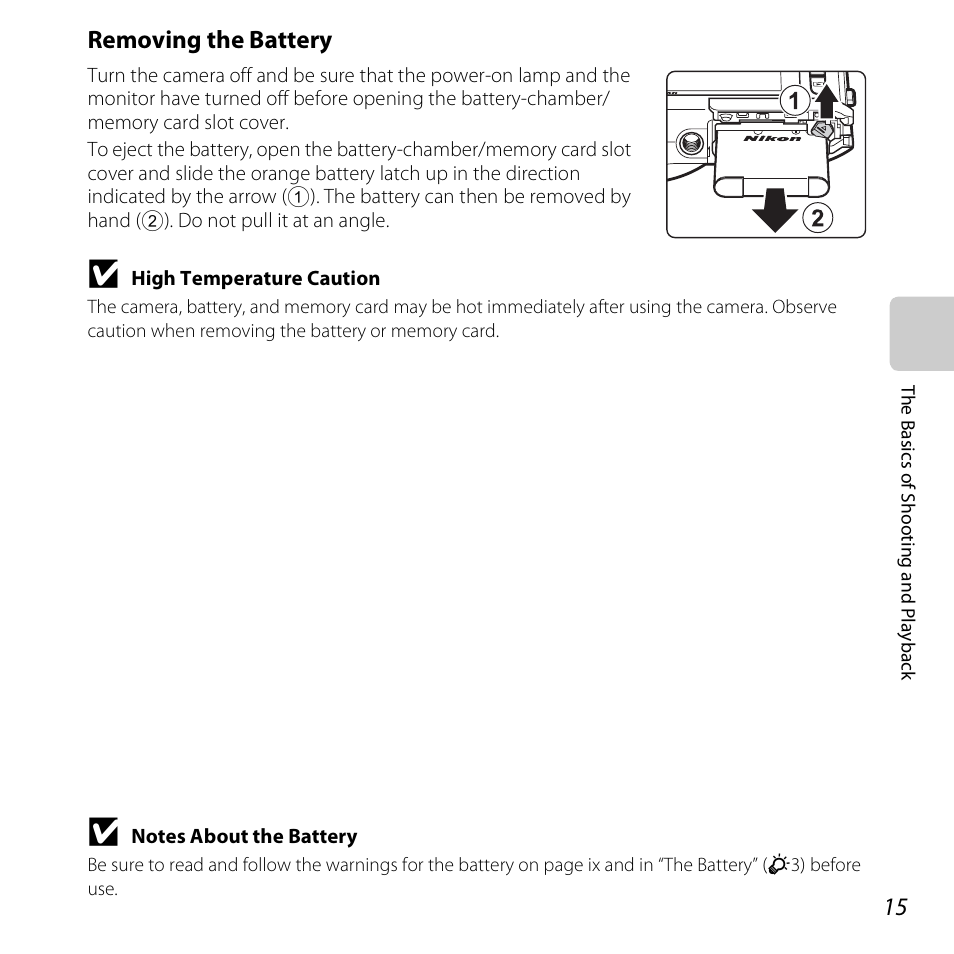 Removing the battery | Nikon S6400 User Manual | Page 33 / 280