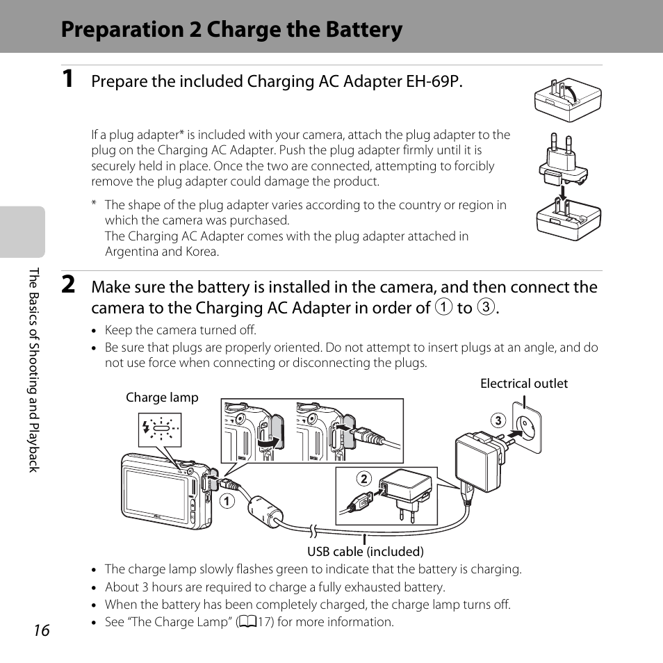 Preparation 2 charge the battery, A16) | Nikon S6400 User Manual | Page 34 / 280