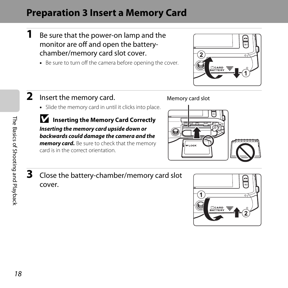 Preparation 3 insert a memory card | Nikon S6400 User Manual | Page 36 / 280