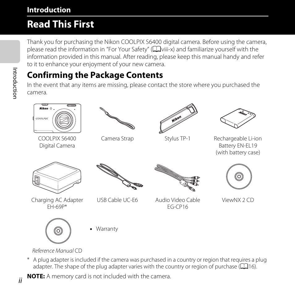 Introduction, Read this first, Confirming the package contents | Nikon S6400 User Manual | Page 4 / 280