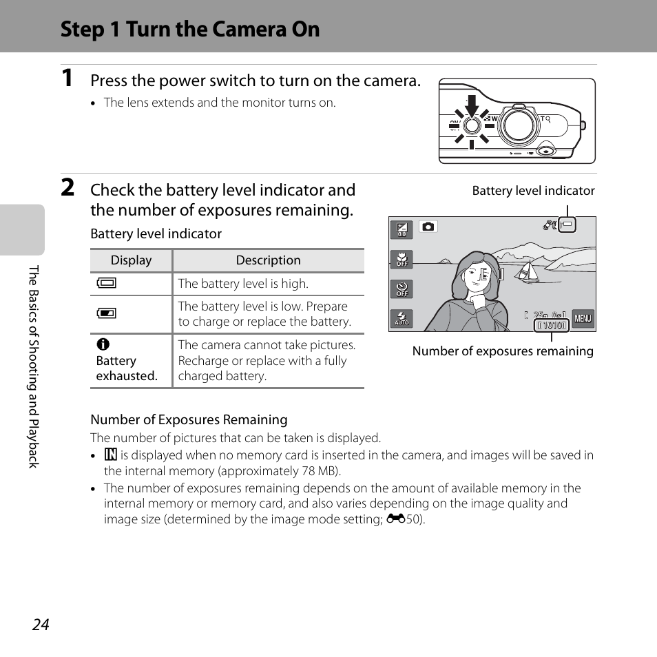 Step 1 turn the camera on, Press the power switch to turn on the camera | Nikon S6400 User Manual | Page 42 / 280