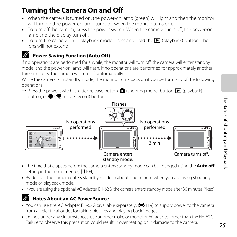 Turning the camera on and off | Nikon S6400 User Manual | Page 43 / 280