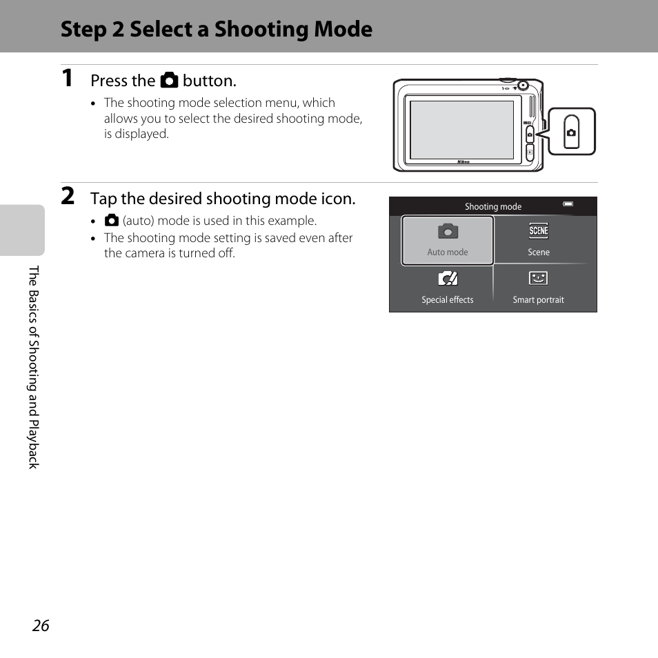 Step 2 select a shooting mode, Press the a button, Tap the desired shooting mode icon | Nikon S6400 User Manual | Page 44 / 280