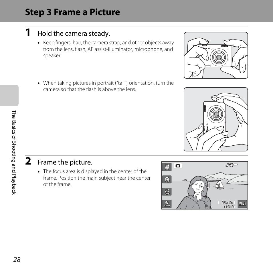 Step 3 frame a picture, Hold the camera steady, Frame the picture | Nikon S6400 User Manual | Page 46 / 280