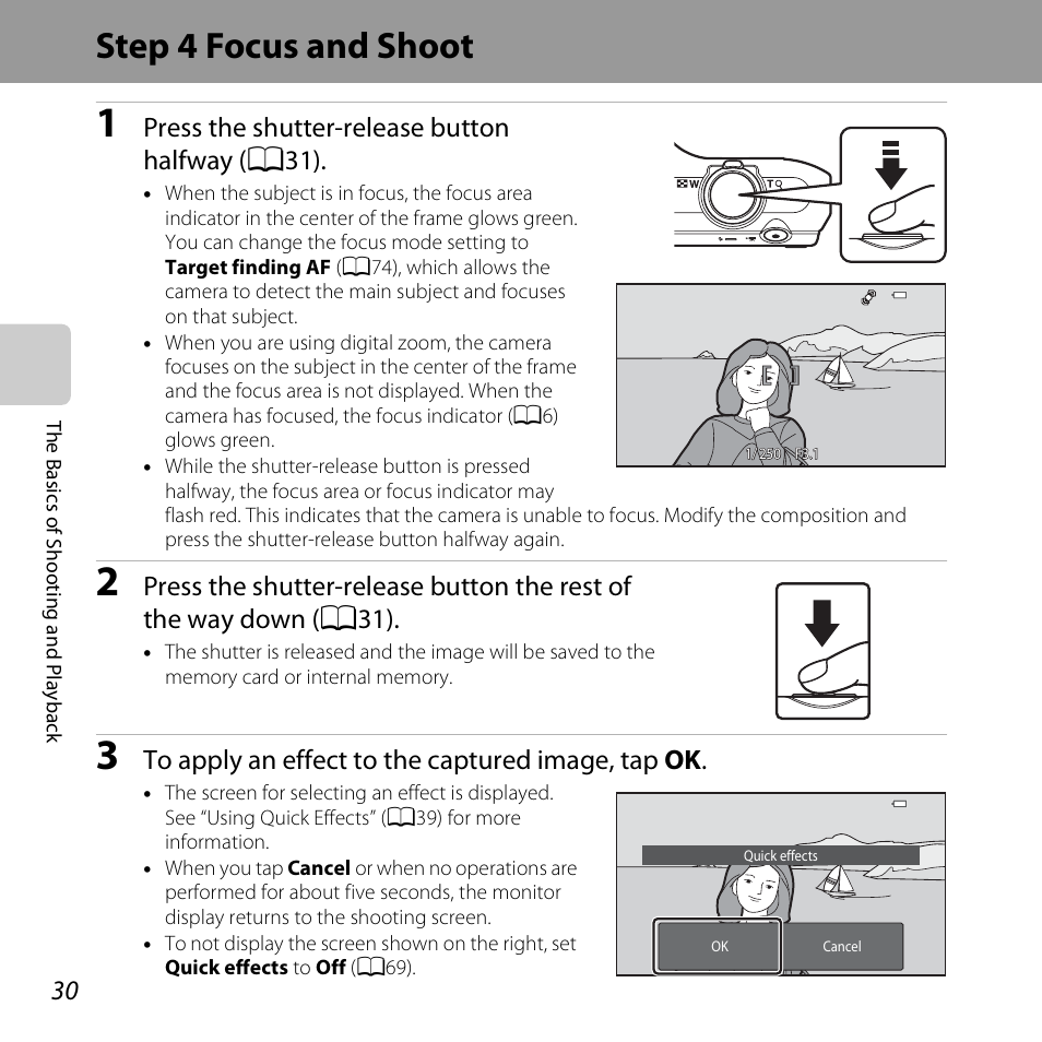 Step 4 focus and shoot, A 30, 39, Press the shutter-release button halfway ( a31) | Nikon S6400 User Manual | Page 48 / 280