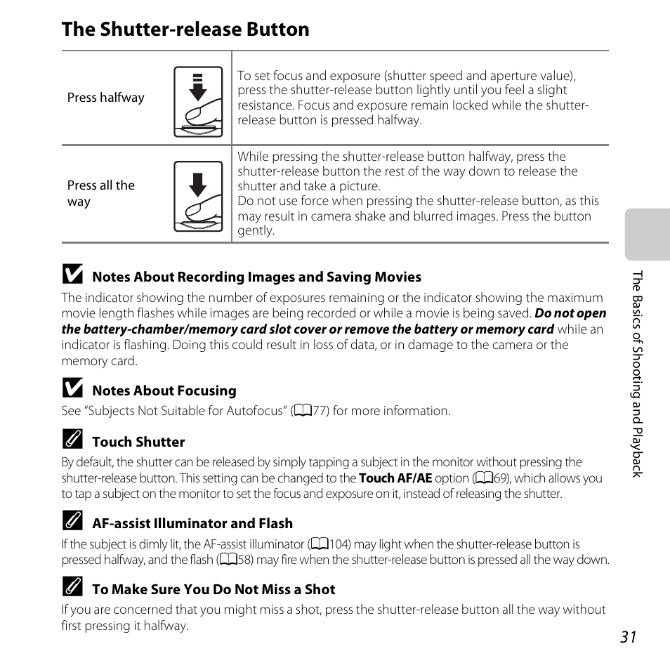 The shutter-release button, A31) | Nikon S6400 User Manual | Page 49 / 280