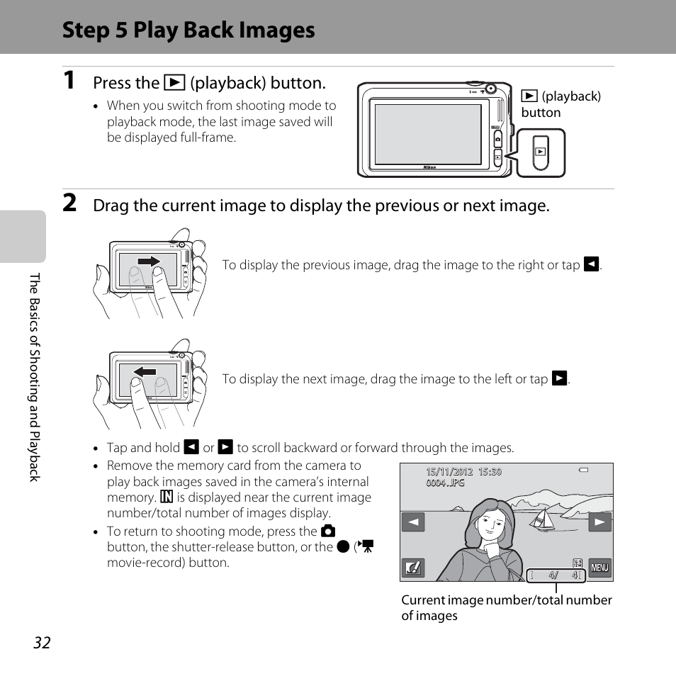 Step 5 play back images, A32), Press the c (playback) button | Nikon S6400 User Manual | Page 50 / 280