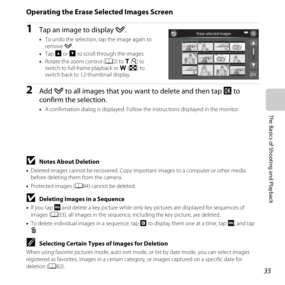 Operating the erase selected images screen, Tap an image to display y | Nikon S6400 User Manual | Page 53 / 280