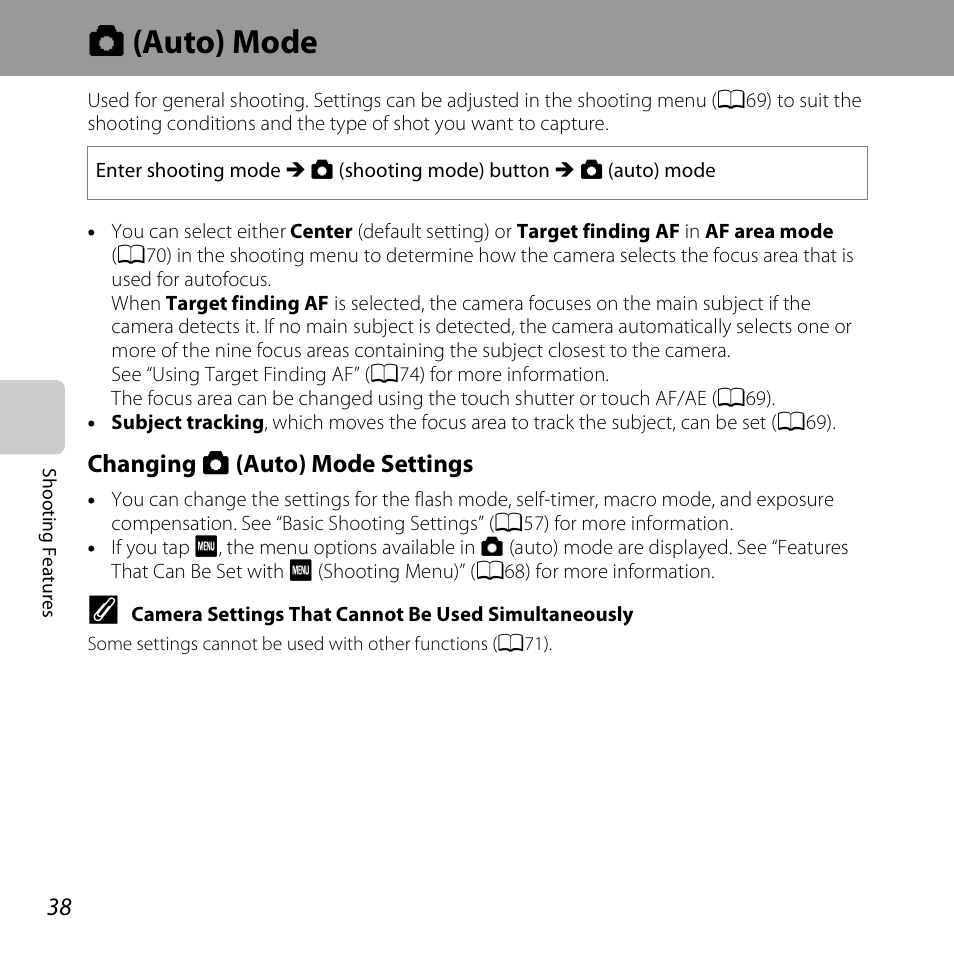 Auto mode, A (auto) mode, Changing a (auto) mode settings | Nikon S6400 User Manual | Page 56 / 280