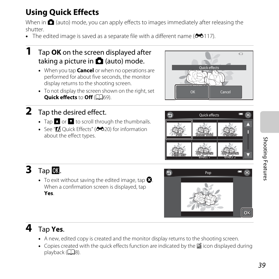 Using quick effects, A39) f, Tap the desired effect | Tap i, Tap yes | Nikon S6400 User Manual | Page 57 / 280