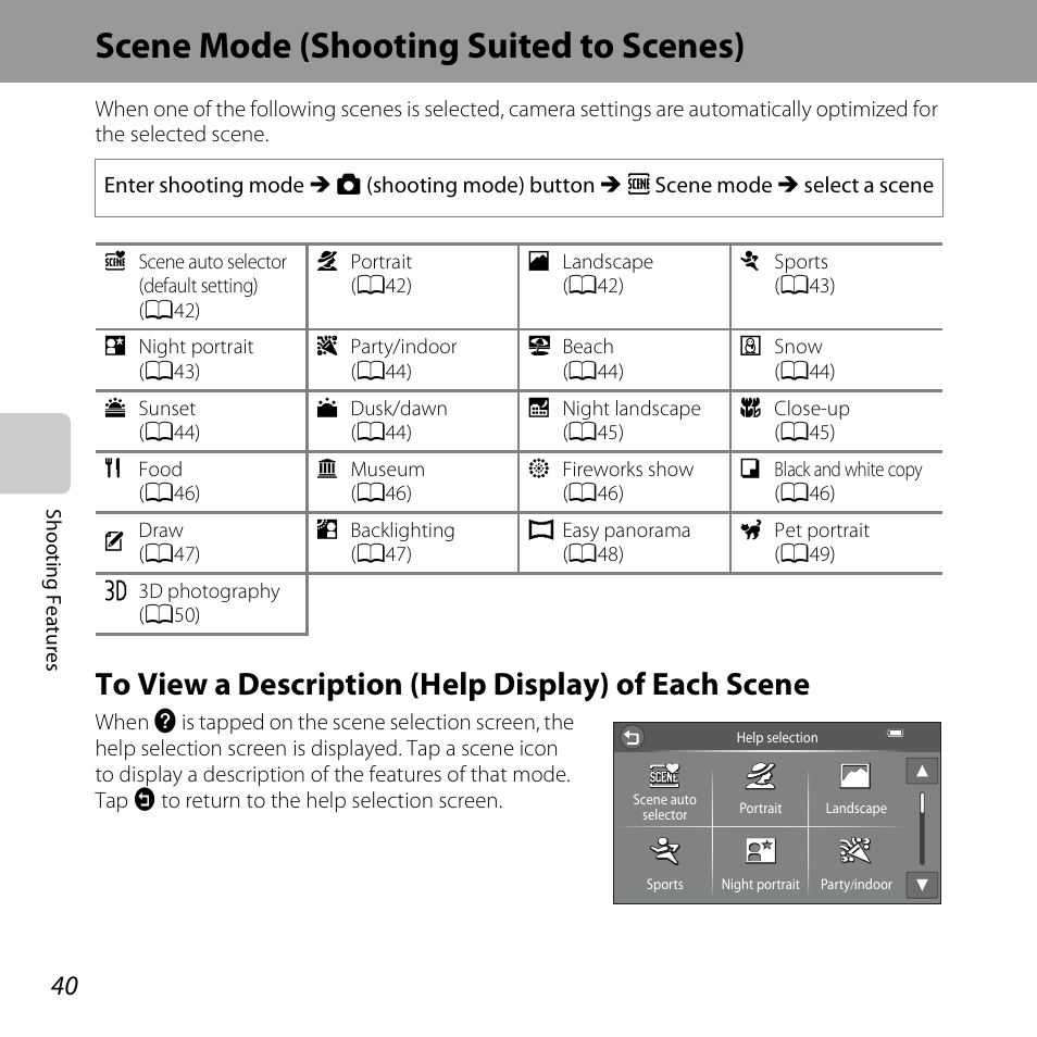 Scene mode (shooting suited to scenes), To view a description (help display) of each scene | Nikon S6400 User Manual | Page 58 / 280